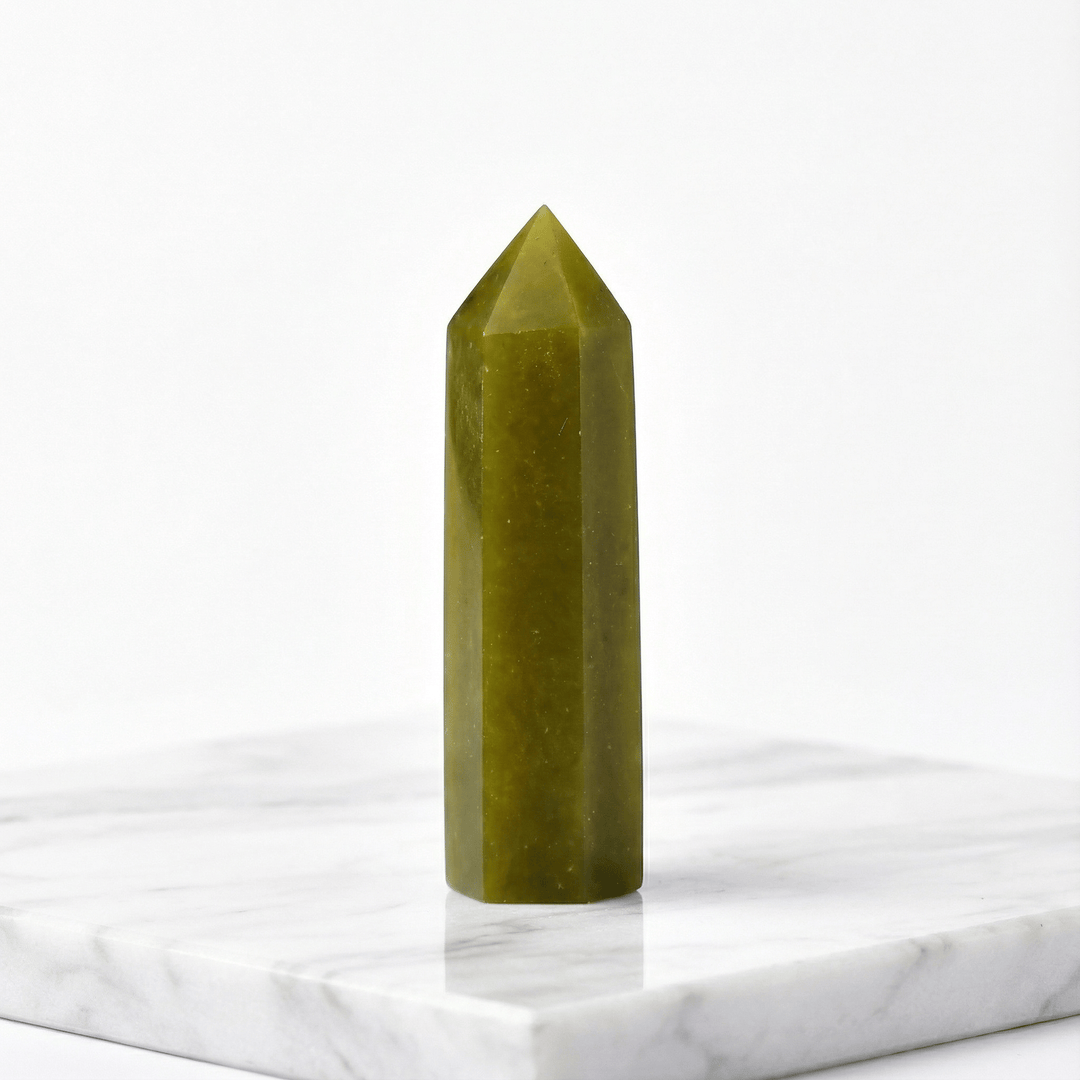 Olivine Crystal Point Tower 50-60mm Crystal + Quartz