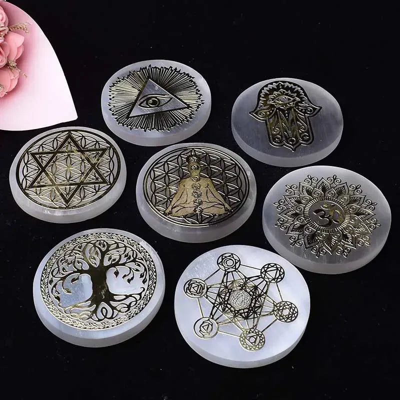 Seven Chakras Natural Selenite Stone Crystal Reiki Disc Chassis Crafts Healing Stone Items Feng Shui Collection Home Decor Gift Style 7 / 1PC Crystal + Quartz