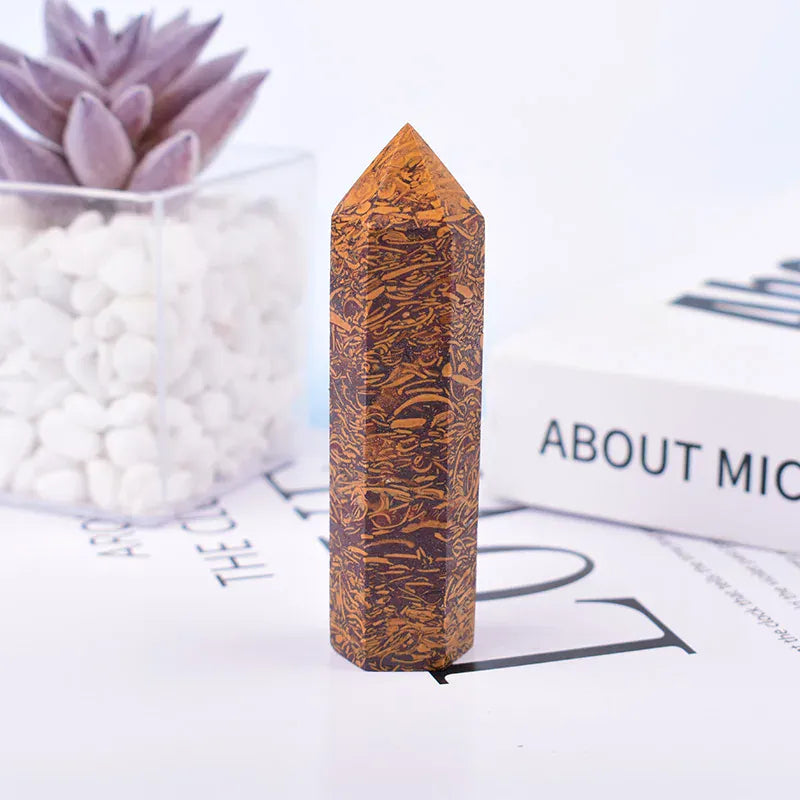 Spun Gold jade Crystal Point Tower Spun Gold jade / 70-80mm Crystal + Quartz