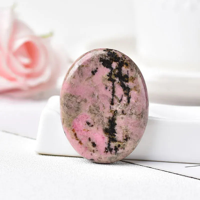 Worry Stone Natural Gemstone Energy Healing Stone Thumb Massage Chakra Wicca Reiki Spiritual Therapy Minerales Ornaments Rhodochrosite / 45x35mm Crystal + Quartz